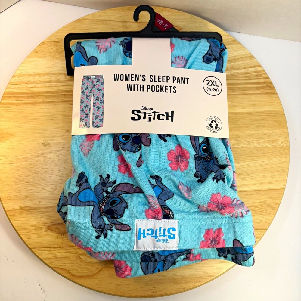 Disney Stitch Women's Pajama Sleep Pants 2XL Floral Blue Pink Pockets